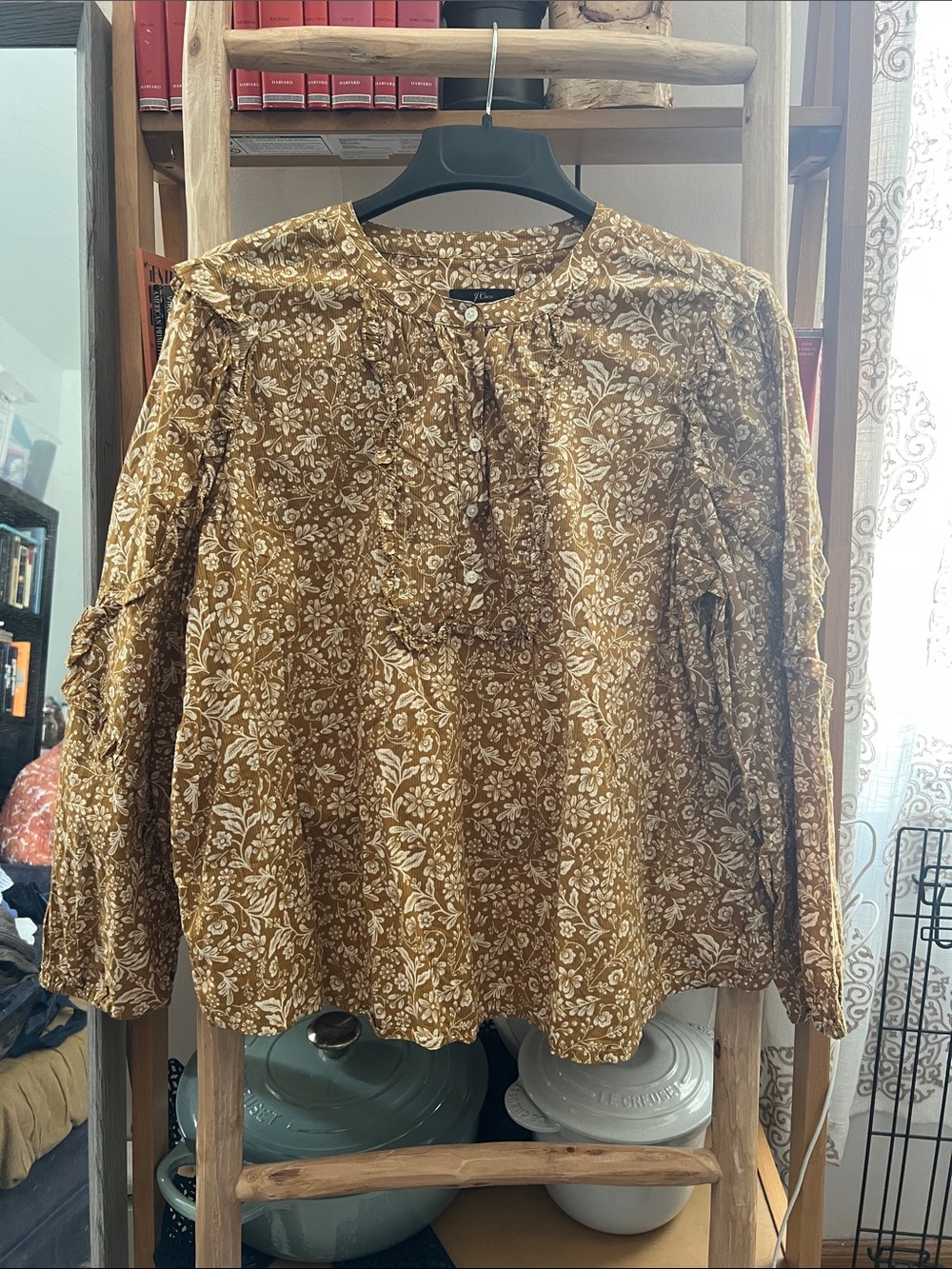 J. Crew Mustard Floral Button-Peasant Blouse